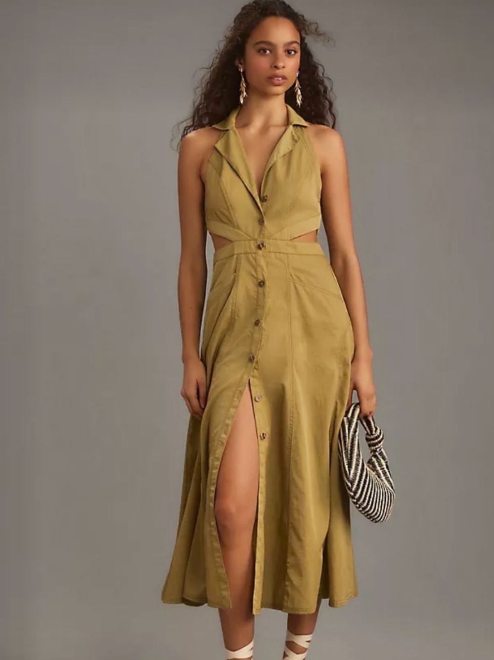 Anthropologie Pilcro Halter Plunge Cut Out Midi Dress Green size 8